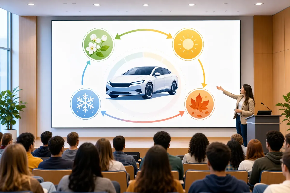 Präsentationswand mit Diagrammen zu Fahrzeugsystemen in heller Aula