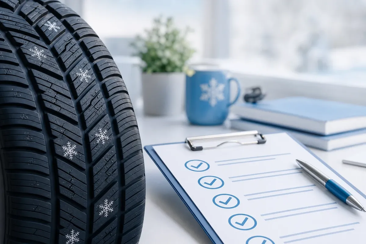 Winterreifen und Checkliste auf hellem Schreibtisch für Saisonvorbereitung